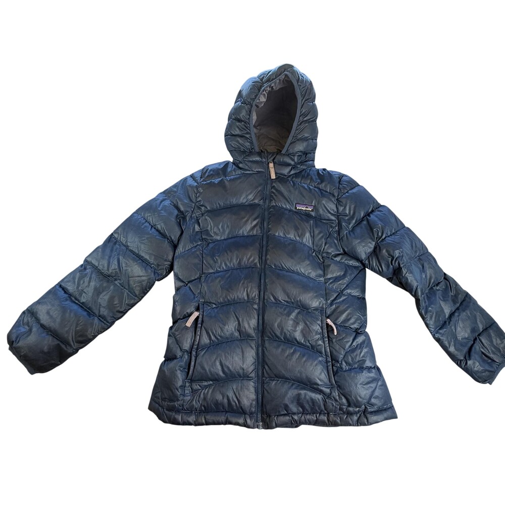 Patagonia Hi-Loft Down Puffer Jacket Girls 14 Blue Hooded Insulated Full Zip